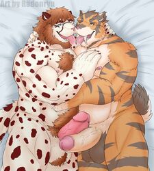 2018 5_fingers anthro anthro_on_anthro balls beard bed blue_eyes body_hair brown_hair cheetah chest_hair duo erection eyewear facial_hair feline frottage fur glasses hair hand_on_chest hand_on_stomach humanoid_penis kissing macbeth_plisskin male mammal nipples nude on_bed one_eye_closed orange_eyes orange_fur penis radonryu rama_(snowwolf03) saber-toothed_cat saliva saliva_string sex tongue tongue_out vein veiny_penis white_fur yaoi