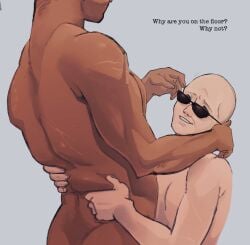 bald bald_male body_worship danse_(fallout_4) deacon fallout fallout_4 fat_grab gay groping kanedasimp kanedasimp_(artist) muscular muscular_male older_male paladin_danse scared scars scars_on_body sunglasses text