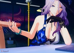 1boy 1girls 3d 3d_(artwork) blender blue_eyes bra breasts cleavage clothed_female desk dress female handjob hat highres honkai:_star_rail hoyoverse large_breasts leaning_on_elbow long_hair looking_away masturbation mihoyo nail_polish penis purple_hair sitting smile standing yuzuri7