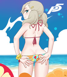 1girls ann_takamaki ass back_view beach bikini blue_eyes female female_only human kuroonehalf looking_back outdoors persona persona_5 shin_megami_tensei smooth_skin solo swimsuit