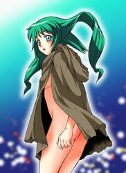 ass blush breasts cloak dike green_eyes green_hair kouda_tomohiro long_hair no_bra no_panties sideboob solty_rei solty_revant