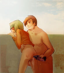 2boys anal_insertion blush bottle bottomless emzy eric_cartman flaccid gay hat kyle_broflovski male male_only malesub multiple_boys outdoors penis south_park yaoi