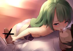 admiral_(kantai_collection) ahoge ass ayagi_daifuku blue_eyes censored green_hair handjob kantai_collection long_hair panties penis tongue topless underwear yuugumo_(kantai_collection)