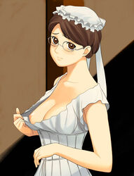 a1 breast_slip breasts brown_eyes brown_hair camisole corset cover down_blouse emma_(victorian_romance_enma) glasses hair hair_bun large_breasts nipple nipples one_breast_out victorian_romance_emma