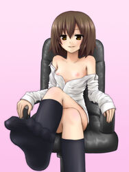 bare_shoulders breasts brown_eyes brown_hair chipa_(arutana) clothes_down crossed_legs feet flat_chest footwear highres kneehighs legs_crossed nipples open_clothes pointy_chin pov_feet sasaki shirt shirt_down shirt_pull short_hair sitting socks suzumiya_haruhi_no_yuuutsu