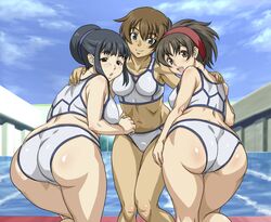 ass bent_over bikini black_eyes black_hair brown_eyes brown_hair curvy dark_skin female female_only green_eyes hairband happu happy hirokawa_kouichirou itou_yukino mikomoto_sayaka minamo_aoi multiple_females obese plump pool rd_sennou_chousashitsu real_drive sayaka_mikomoto short_hair small_breasts smile swimsuit tofu_(artist) tomboy yukino_itou