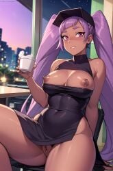 ai_generated clothing_cutout drink dripping_pussy entrapta exposed_breasts exposed_pussy legs_apart legs_spread pierced_nipples pink_eyes pixai public public_nudity purple_hair restaurant sexy_dress she-ra_and_the_princesses_of_power sitting slit_dress tan_body tan_skin tight_clothing tight_dress twintails wardrobe_malfunction welding_mask