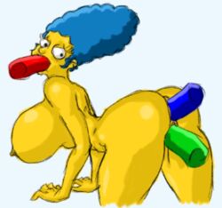 anal ass big_breasts blue_hair breasts dildo doggy_style female female_only from_behind human looking_at_viewer marge_simpson milf nipples omegabrush oral solo the_simpsons vaginal_penetration