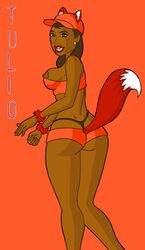 animal_ears brown_eyes brown_hair dark-skinned_female dark_skin drawn_together female fox_ears fox_tail foxxy_love solo tail thong tulio uncensored