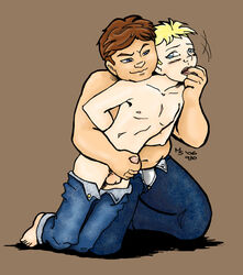 2boys arms_behind_back blonde_hair bound_wrists eric_cartman gay handjob kneeling leopold_butters_stotch male male_only multiple_boys pants_down penis south_park tagme topless yaoi