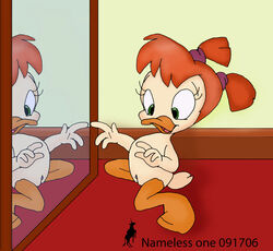 anthro avian bird cub darkwing_duck disney duck gosalyn_mallard green_eyes mirror nameless_one_(artist) nude pussy red_hair young