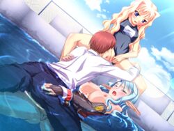 blonde_hair blue_eyes blue_hair blush bottomless breasts cleo_cragganmore female game_cg harem_party male multiple_girls penis pool pussy sex sofisutia_gushigusu straight swimsuit uncensored vaginal_penetration water wet