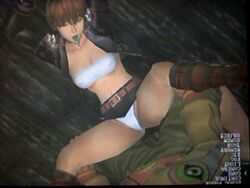 arms_up bloody_roar bra breasts brown_hair closed_eyes imminent_rape jacket kirishima_nagi medium_breasts navel panties skirt skirt_up spread_legs underwear