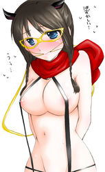 arms_behind_back blue_eyes blush bondage brown_hair gag gagged glasses nakajima_sanae navel sanae_nakajima scarf solo sumomomo_momomo sweat