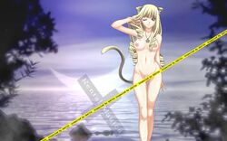 16:10 animal_ears blonde_hair breasts cat_ears censored drill_hair green_eyes highres jewelry long_hair nude pendant rental_magica tail wallpaper wink