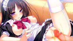 16:9 black_hair breasts censored clothing female game_cg highres kuchifusa_yogiri large_breasts long_hair maid maid_headdress nipples peeing penis pure_girl purple_eyes pussy stockings thighhighs white_legwear