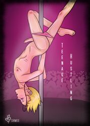 1boy blonde blonde_hair blush canon_crossdressing english english_text erect_penis feminine_male girly leopold_butters_stotch male_only male_stripper marjorine necklace nipples panties panties_around_leg penis pink_nipples pink_panties pole_dancing south_park stripper stripper_pole toenail_polish trap