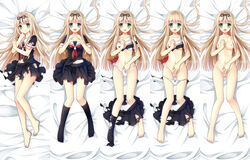 artist_name barefoot bed_sheet black_legwear blonde_hair blush bow bow_panties bra breasts collarbone dakimakura female full_body green_eyes gyaza hair_ribbon hairbow hand_in_panties heart heart_hands highres kantai_collection kneehighs long_hair looking_at_viewer lying navel neckerchief nipples nude on_back open_mouth panties pleated_skirt pussy ribbon school_uniform serafuku short_sleeves skirt small_breasts solo torn_clothes torn_kneehighs torn_shirt torn_skirt underwear white_bra white_panties yuudachi_(kantai_collection)