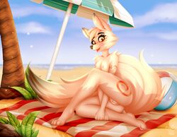 amaterasu anthro ass ball beach_ball black_eyebrows blue_sky breasts canid canine canis capcom cloud day deity eyebrows female fur furry genitals looking_at_viewer mammal nipples nude okami omiart on_towel open_mouth open_smile pussy sand sky smile solo towel wolf