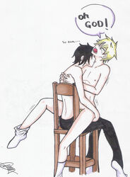 2boys anal_penetration anal_sex black_hair blonde_hair gay implied_sex kenny_mccormick kissing_neck male motion_lines naked_stockings no_visible_genitalia nude on_chair orgasm_face penis pubic_hair_peek sex sitting_on_penis socks south_park stan_marsh tagme topless yaoi