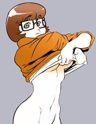 bottomless breasts brown_hair female female_only freckles glasses hanna-barbera navel qiqo scooby-doo shirt_lift slender_waist solo solo_female sweater underboob velma_dinkley