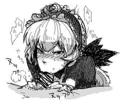 1boy 1girls :>= blush censored cfnm fellatio greyscale maid monochrome nude oral penis pubic_hair rozen_maiden short_hair sketch steam suigintou text