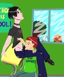 3boys aged_up black_hair blowjob cap_removed closed_eyes cock_gobble cock_hungry cum_hungry cum_in_mouth desk ear_piercing earring fellatio giving_head gloves going_down_on kenny_mccormick kneeling_oral_position knob_polishing kyle_broflovski legs_held_open looking_up male male_only on_desk oral oral_sex orgasm_from_oral pants_open parka penis penis_in_mouth penis_out red_hair school school_desk schoolboy shirt_lift south_park spiked_collar stan_marsh student sucking_off swing swing_set unknown_artist voyeur voyeurism watching_sex window yaoi yarmulke