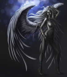 1girls angel angel_wings anna_rigby areolae armpits big_eyes blue_eyes breasts dark_elf drow dungeons_and_dragons eilistraee elf erect_nipples feet female female_only forgotten_realms goddess grey_skin hairy_pussy heels jewelry lips long_hair long_legs moonlight navel night nipples nude nude_female pubic_hair shiny_skin silver_hair thighs very_long_hair vulva white_hair wings