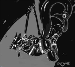 2017 abstract_background anal_beads anthro ball_gag bodysuit bondage bound clothing collar diesis_schmitt gag gagged greyscale male monochrome rubber sergal sex_toy shiny simple_background solo submissive submissive_male suspension tight_clothing turbinedivinity