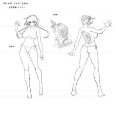 ass barefoot breasts character_sheet curvy female full_body igawa_asagi kagami_hirotaka large_breasts lilith-soft long_hair looking_at_viewer monochrome multiple_views nipples panties solo taimanin_(series) taimanin_asagi taimanin_asagi_zero taimanin_rpgx tattoo thong underwear