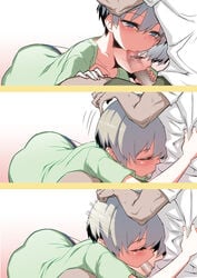 1boy 1girls afterimage arm_lock blowjob blue_eyes blush breasts censored closed_eyes cute cute_fang deepthroat eyebrows_visible_through_hair eyelashes fellatio fellatio_hug female fringe gradient gradient_background green_shirt grey_eyes grey_hair hair_between_eyes hands_on_another's_head head_grab hitotose_rin light_skin matching_hair/eyes mosaic_censoring motion_blur motion_lines oral pale_skin penis sakurai_shinichi schoolgirl shirt shirt_grab short_hair silver_eyes silver_hair simple_background straight sweat teenager two_tone_hair uzaki-chan_wa_asobitai! uzaki_hana white_shirt x-ray