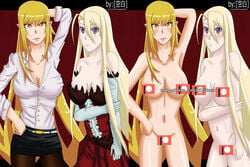 2girls bakemonogatari blush censored clothing dress highres hiki_(artist) kiss-shot_acerola-orion_heart-under-blade mahou_sensei_negima! medium_breasts monogatari_(series) multiple_girls skirt uq_holder! vampire