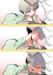 1boy 1girls blowjob blue_eyes blush breasts censored closed_eyes cute cute_fang erection eyebrows_visible_through_hair eyelashes fellatio female fringe gradient gradient_background green_shirt grey_hair hair_between_eyes hitotose_rin large_breasts light_skin lying_on_side mosaic_censoring open_mouth oral pale_skin penis sakurai_shinichi schoolgirl shirt short_hair silver_hair simple_background straight teenager tongue tongue_out two_tone_hair uzaki-chan_wa_asobitai! uzaki_hana white_shirt