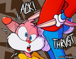 1boy 1girls 2018 babs_bunny balls blue_eyes brain_fuck buster_bunny canon_couple ear_fuck ear_penetration female furry garabatoz male penetration penis skull_flossing text tiny_toon_adventures warner_brothers