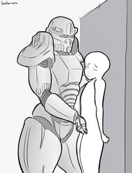 1boy ambiguous_gender armor fallout human male masked masked_female monochrome partially_colored power_armor power_armor_(fallout) robot saidra size_difference standing t45_(fallout) text video_games watermark