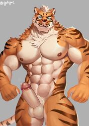 abs anthro balls biceps blue_eyes chest_tuft erection feline gohgw1 hi_res lin_hu looking_at_viewer male male_only mammal muscular muscular_male nekojishi nipples pecs penis precum seductive smile solo tiger tuft