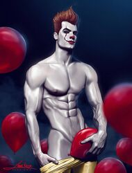 abs abstract_background balloon gay it makeup male male_only muscle muscles nipples pecs pennywise pubic_hair red_hair smile topless white_skin zane_nox