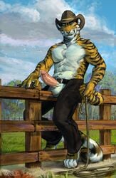 5_fingers anthro balls belt chaps claws clothing cloud cowboy cowboy_hat dripping erection feline fence fur gear hat humanoid_penis karnal leather looking_at_viewer male male_only mammal muscular nude outside penis pinup pose precum rope shaneinvasion sitting solo striped_fur stripes tiger white_balls