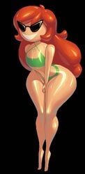 1girls bikini disney female flat_chest knick_knack large_hips long_hair noonun pixar red_hair smiling sunglasses sunny_persona swimsuit thin_waist wide_hips