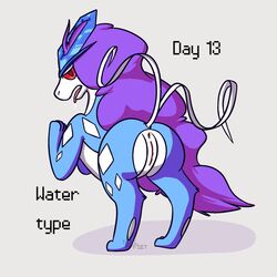 2018 anus ass canine female feral fur generation_2_pokemon hair legendary_pokemon looking_at_viewer mammal nintendo nude nulloffset open_mouth pokemon pokemon_(species) presenting presenting_hindquarters purple_hair pussy red_eyes saliva simple_background solo suicune tongue tongue_out video_games white_fur