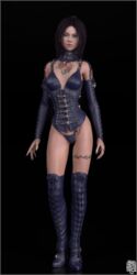 1girls 3d artist_name bare_shoulders black_hair blue_gloves breasts bridal_gloves corset elbow_gloves elizabeth_(siliconaya) eyelashes female female_only fingerless_gloves front_view gloves green_eyes high_heel_boots high_heels hourglass_figure human looking_at_viewer nail_polish pose posing reflection short_hair siliconaya simple_background small_breasts solo standing tattoo thong wide_hips