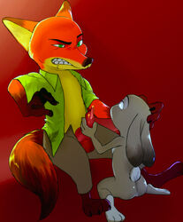 absurd_res balls canine clothed clothing disney drooling erection female fox handjob highres judy_hopps knot lagomorph male mammal nick_wilde nude open_shirt precum rabbit red_background saliva sex simple_background small_breasts straight zigrock001 zootopia