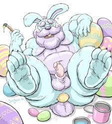 2018 4_toes 5_fingers anthro anus ass balls blue_eyes blue_fur butt_egg dudebulge easter_egg egg erection feet front_view fur hi_res holding_object lagomorph looking_at_penis looking_at_self looking_down male mammal nude open_mouth paintbrush paws penis purple_fur rabbit signature simple_background slightly_chubby solo toes vein veiny_penis whiskers white_background