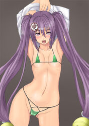 1girls armpits arms_behind_head arms_up bare_shoulders bell bikini bra breasts female hair_bell hair_ornament hyakka_ryouran_samurai_girls long_hair looking_at_viewer muffin_(sirumeria) naoe_kanetsugu_(hyakka_ryouran) navel pantsu purple_hair simple_background sirumeria solo tied_hair twintails underwear very_long_hair