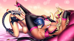 au_ra bent_over blonde_hair blue_hair breasts cat_ears cat_girl cocklock deepthroat dickgirl fellatio final_fantasy final_fantasy_xiv forced forced_fellatio forced_oral futa_on_female futanari horns intersex large_breasts leg_lock leg_lock_fellatio miqo'te mstivoy nipples oral tail