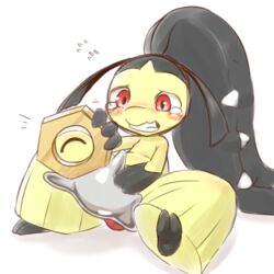 1boy 2018 alacarte ambiguous_gender big_mouth blush fairy feral interspecies larger_male mawile meltan nintendo penis pokemon pokemon_(species) red_eyes simple_background size_difference slime sweat tears video_games white_background