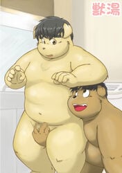 2009 anthro bathroom belly blush brown_body brown_fur canid canine canis censored domestic_dog duo fur humanoid_hands kemono kiyo male male/male mammal overweight overweight_male young