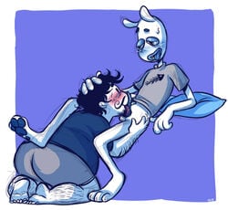 3_toes 4_fingers 5_toes alien arm_hair beard black_hair blue_penis blush body_hair border bottomless clothed clothed_sex clothing crotch_tentacles ding_dong dingdongvg duo facial_hair feet hair half-closed_eyes head_grab human human_on_humanoid humanoid humanoid_feet julian_marcel kneeling leg_hair licking male mammal moustache noseless oney_plays oral overweight overweight_male pawpads penis penis_lick precum purple_background saliva sex shirt shorts simple_background skye3337 soles sweat t-shirt tentacle toes tongue tongue_out white_border white_skin yaoi