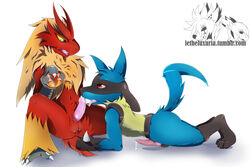 2boys anthro anthro_on_anthro avian bird black_fur blackmail blaziken blue_fur canine cum cum_drip cum_in_mouth cum_inside cum_on_penis cum_string dripping duo erection fellatio fur furry gay hands-free hi_res interspecies lucario luxuria male male_only mammal mega_stone nintendo oral orgasm penis pokemon pokemon_(species) pokemon_dppt pokemon_rse slave spread_legs spreading testicles text url video_games watermark yaoi yellow_fur