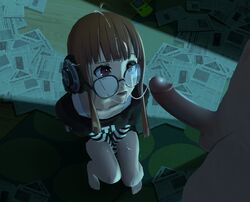 3d cum facial female headphones mrstranger orange_hair partial_male penis persona persona_5 sakura_futaba